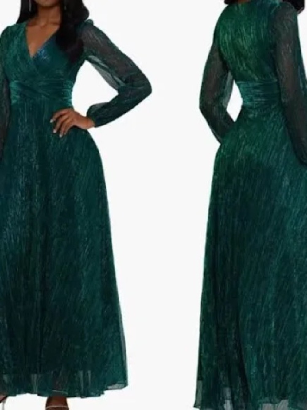 Betsy & Adam Teal Green V-Neck Long Sleeve Maxi Gown